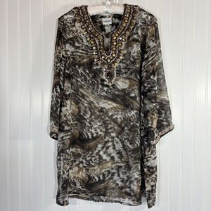 Chicos Womens Beaded Tunic Size 3 Sheer Maximalist Mob Wife Glam Boho Ethnic